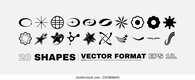 Vector Graphic Assets Set. Bold modern Shapes for Posters Template, flyers, clothes, social media, graphic design, sticker, In Y2k style, Futuristic, Anti-design, Digital Collage, Retro Futurist.