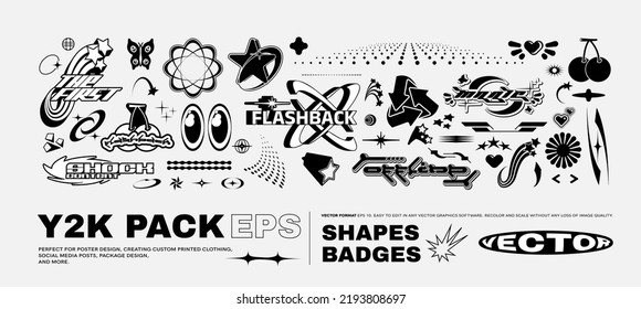 Vector Graphic Assets Set. Bold modern Shapes for Posters Template, flyers, clothes, social media, graphic design, sticker, In Y2k style, Futuristic, Anti-design, Digital Collage, Retro Futurist.