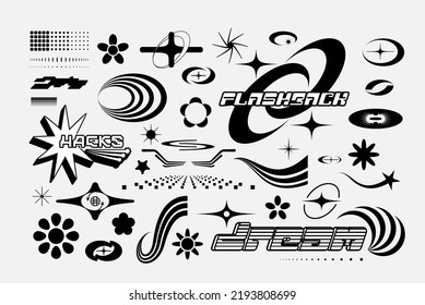 Vector Graphic Assets Set. Bold modern Shapes for Posters Template, flyers, clothes, social media, graphic design, sticker, In Y2k style, Futuristic, Anti-design, Digital Collage, Retro Futurist.