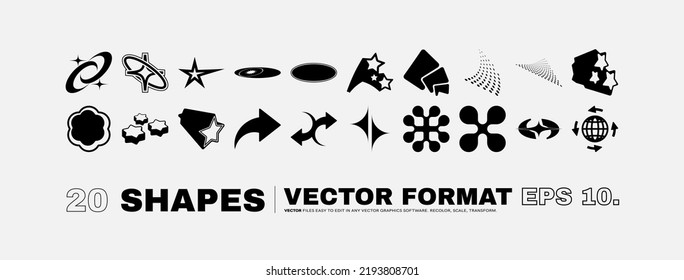 Vector Graphic Assets Set. Bold modern Shapes for Posters Template, flyers, clothes, social media, graphic design, sticker, In Y2k style, Futuristic, Anti-design, Digital Collage, Retro Futurist.