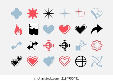 Vector Graphic Assets Set. Bold modern Shapes for Posters Template, flyers, clothes, social media, graphic design, sticker, In Y2k style, Futuristic, Anti-design, Digital Collage, Retro Futurist.