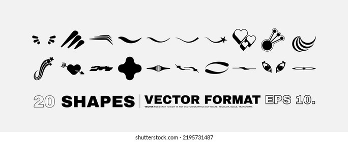 Vector Graphic Assets Set. Bold modern Shapes for Posters Template, flyers, clothes, social media, graphic design, sticker, In Y2k style, Futuristic, Anti-design, Digital Collage, Retro Futurist.