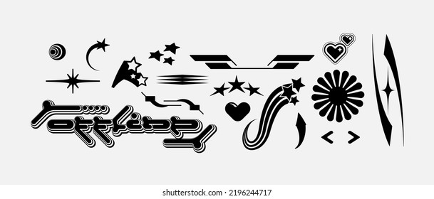 Vector Graphic Assets Set. Bold modern Shapes for Posters Template, flyers, clothes, social media, graphic design, sticker, In Y2k style, Futuristic, Anti-design, Digital Collage, Retro Futurist.