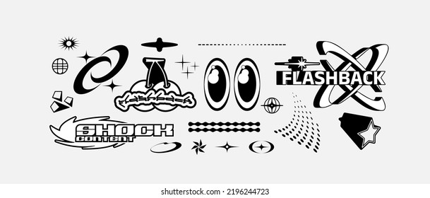 Vector Graphic Assets Set. Bold modern Shapes for Posters Template, flyers, clothes, social media, graphic design, sticker, In Y2k style, Futuristic, Anti-design, Digital Collage, Retro Futurist.