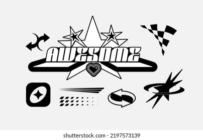 Vector Graphic Assets Set. Bold modern Shapes for Posters Template, flyers, clothes, social media, graphic design, sticker, In Y2k style, Futuristic, Anti-design, Digital Collage, Retro Futurist.