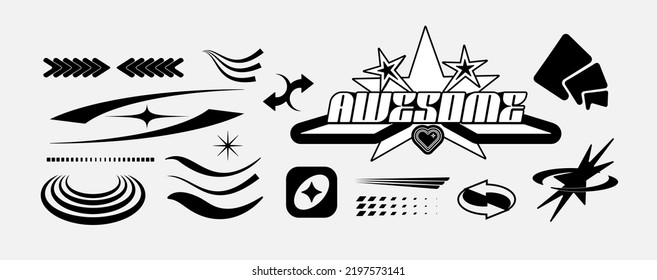 Vector Graphic Assets Set. Bold modern Shapes for Posters Template, flyers, clothes, social media, graphic design, sticker, In Y2k style, Futuristic, Anti-design, Digital Collage, Retro Futurist.