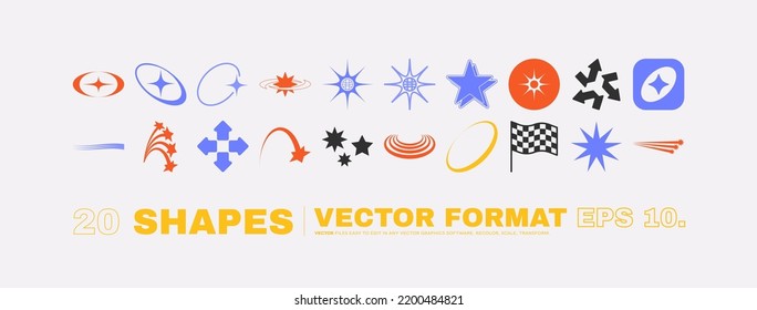 Vector Graphic Assets Set. Bold modern Shapes for Posters Template, flyers, clothes, social media, graphic design, sticker, In Y2k style, Futuristic, Anti-design, Digital Collage, Retro Futurist.