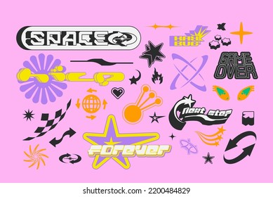 Vector Graphic Assets Set. Bold modern Shapes for Posters Template, flyers, clothes, social media, graphic design, sticker, In Y2k style, Futuristic, Anti-design, Digital Collage, Retro Futurist.