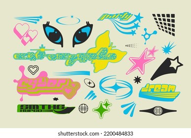 Vector Graphic Assets Set. Bold modern Shapes for Posters Template, flyers, clothes, social media, graphic design, sticker, In Y2k style, Futuristic, Anti-design, Digital Collage, Retro Futurist.