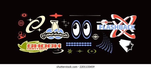 Vector Graphic Assets Set. Bold modern Shapes for Posters Template, flyers, clothes, social media, graphic design, sticker, In Y2k style, Futuristic, Anti-design, Digital Collage, Retro Futurist.