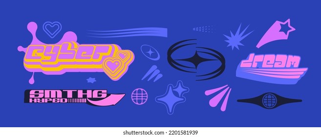 Vector Graphic Assets Set. Bold modern Shapes for Posters Template, flyers, clothes, social media, graphic design, sticker, In Y2k style, Futuristic, Anti-design, Digital Collage, Retro Futurist.