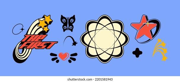 Vector Graphic Assets Set. Bold modern Shapes for Posters Template, flyers, clothes, social media, graphic design, sticker, In Y2k style, Futuristic, Anti-design, Digital Collage, Retro Futurist.