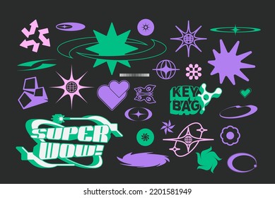 Vector Graphic Assets Set. Bold modern Shapes for Posters Template, flyers, clothes, social media, graphic design, sticker, In Y2k style, Futuristic, Anti-design, Digital Collage, Retro Futurist.