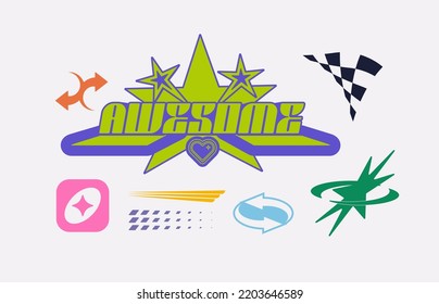 Vector Graphic Assets Set. Bold modern Shapes for Posters Template, flyers, clothes, social media, graphic design, sticker, In Y2k style, Futuristic, Anti-design, Digital Collage, Retro Futurist.