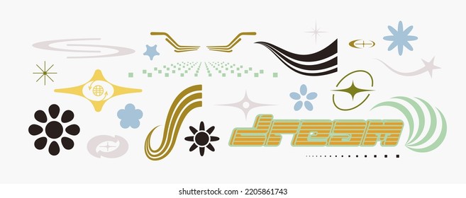 Vector Graphic Assets Set. Bold modern Shapes for Posters Template, flyers, clothes, social media, graphic design, sticker, In Y2k style, Futuristic, Anti-design, Digital Collage, Retro Futurist.
