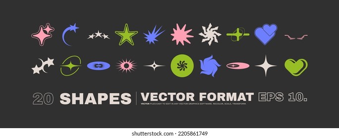 Vector Graphic Assets Set. Bold modern Shapes for Posters Template, flyers, clothes, social media, graphic design, sticker, In Y2k style, Futuristic, Anti-design, Digital Collage, Retro Futurist.