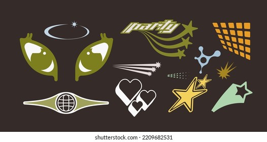 Vector Graphic Assets Set. Bold modern Shapes for Posters Template, flyers, clothes, social media, graphic design, sticker, In Y2k style, Futuristic, Anti-design, Digital Collage, Retro Futurist.