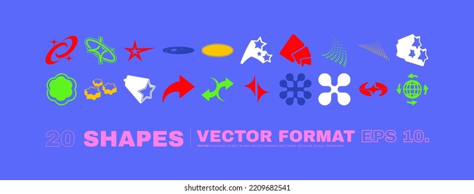 Vector Graphic Assets Set. Bold modern Shapes for Posters Template, flyers, clothes, social media, graphic design, sticker, In Y2k style, Futuristic, Anti-design, Digital Collage, Retro Futurist.