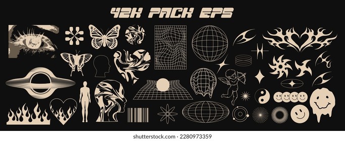 Vector Graphic Assets Set  Bold modern Shapes for Posters Template  flyers  clothes  social media  graphic design  sticker  In Y2k style  Futuristic  Anti  design  Digital Collage  Retro Futurist 	