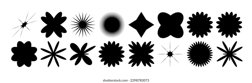 Conjunto de activos gráficos vectoriales. Audaces formas modernas para la plantilla de afiches, folletos, ropa, medios sociales, proyectos de diseño gráfico En estilo Y2k, Futurista, Anti-diseño, Collage digital, Retro Futurista.