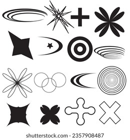 Vector Graphic Assets Set. Bold modern Shapes for Posters Template, flyers, clothes, social media, graphic design, sticker, In Y2k style, Futuristic, Anti-design, Digital Collage, Retro Futurist.