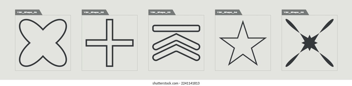 Conjunto de activos gráficos vectoriales. Estrellas y formas florales de Brutalismo. Plantillas para notas, carteles. Retro Futurista. Ilustración del vector