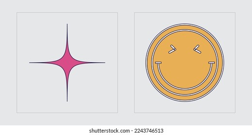 Conjunto de activos gráficos vectoriales. Estrellas y formas florales de Brutalismo. Formas abstractas modernas. Antidiseño. Ilustración del vector
