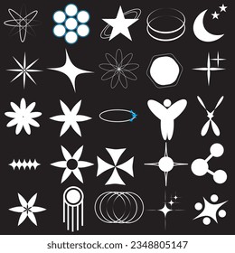 Vector Graphic Assets Set .collection of Y2k elements. set Y2k. geometric brutalism forms sticker In Y2k style graphic design. Templates for notes, posters, banners, stickers, business cards, logo.