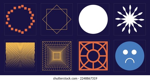 Set für Vektorgrafik-Objekte. Außergewöhnliche Grafiken. Moderne abstrakte Formen. Retro Futurist. Vektorgrafik