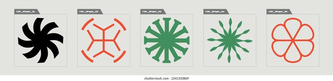 Conjunto de activos gráficos vectoriales. Rave psicodélico retro futurista conjunto. Plantillas para notas, carteles. Aislado sobre fondo negro. Ilustración del vector