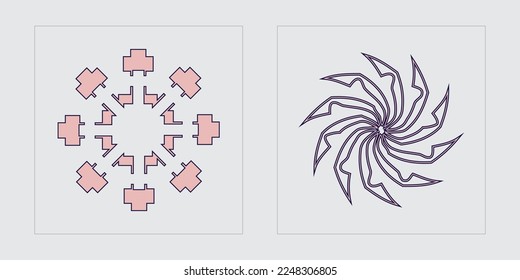 Conjunto de activos gráficos vectoriales. Rave psicodélico retro futurista conjunto. Iconos minimalistas planos. Proyectos, afiches, pancartas. Ilustración del vector