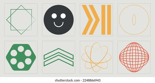 Vector Graphic Assets Set. Rave psychedelic retro futuristic set. Flat minimalist icons. Stars, starburst . Vector illustration