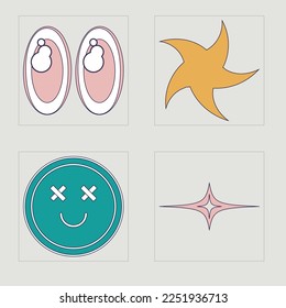 Vector Graphic Assets Set. Rave psychedelic retro futuristic set. Elements for graphic decoration. Futuristic. Vector illustration