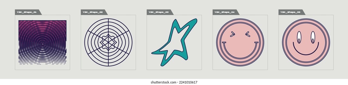 Vector Graphic Assets Set. Retro futuristic graphic ornaments. Modern abstract forms. Isolated on black background. Vector illustration