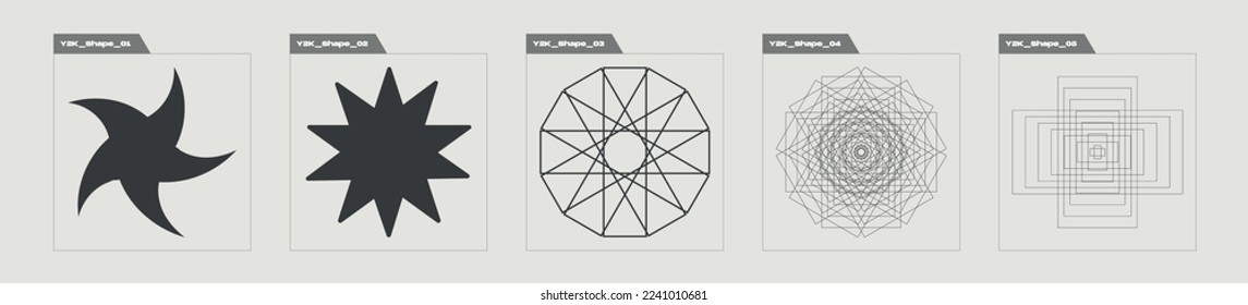 Vector Graphic Assets Set. Retro futuristic graphic ornaments. Modern abstract forms. Stars, starburst . Vector illustration