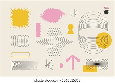 Vector Graphic Assets Set. Simple Linear editable Bold modern Shapes Composition for Posters Template, flyers, clothes, social media, Y2k style, Digital Collage, Retro.