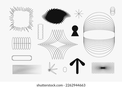 Vector Graphic Assets Set. Simple Linear editable Bold modern Shapes Composition for Posters Template, flyers, clothes, social media, Y2k style, Digital Collage, Retro.