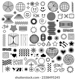 Vector Graphic Assets Set. Y2K bling retro elements and abstract brutalism shapes. Universal shapes for design, projects, posters, banners and business cards.