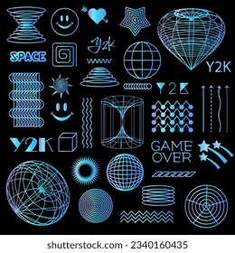 Vector Graphic Assets Set. Y2K bling retro elements and abstract brutalism shapes. Universal shapes for design, projects, posters, banners and business cards.