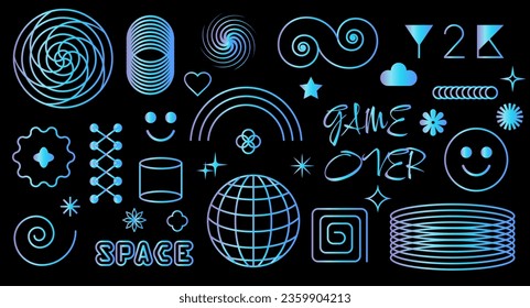 Vector Graphic Assets Set. Y2K bling retro elements and abstract brutalism shapes. Universal shapes for design, projects, posters, banners and business cards.