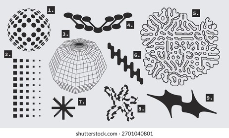 Vector Graphic Assets Shapes Set in Y2k style, Futuristic, Brutalist, Anti-design
