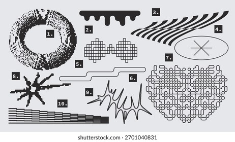 Formas gráficas de los Elementos del Vector fijadas en estilo Y2k, futurista, brutalista, antidiseño