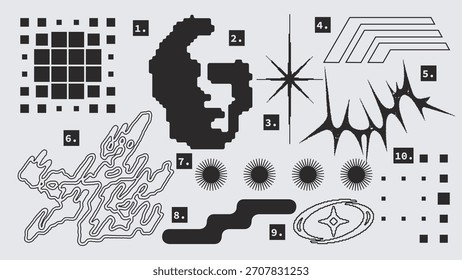 Vector Graphic Assets Shapes Set in Y2k style, Futuristic, Brutalist, Anti-design