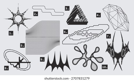 Formas gráficas de los Elementos del Vector fijadas en estilo Y2k, futurista, brutalista, antidiseño