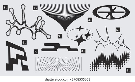 Formas gráficas de los Elementos del Vector fijadas en estilo Y2k, futurista, brutalista, antidiseño