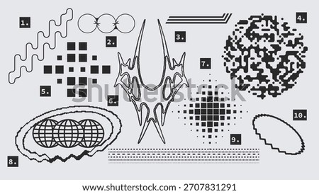 Vector Graphic Assets Shapes Set in Y2k style, Futuristic, Brutalist, Anti-design