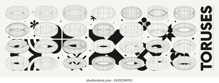 Vector graphic assets of unusual torus wireframe with geometrical shapes, Strange stylized figures 3D surreal toruses elements, graphic assets inspired by brutalism