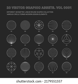 Vector Graphic Assets Various Outline Geometric Round Shapes Collection Isolate On Back. Different Circles Line Art Sacred Geometry Meta Modern Design Element Set. Conceptual Icons Trendy Illustration
