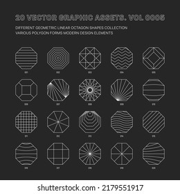 Vector Graphic Assets Various Outline Geometric Octagon Shapes Collection Isolate On Back. Line Art Sacred Geometry Meta Modern Conceptual Design Element Set. Linear Graphic Icons Trendy Illustration