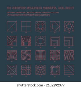 Vector Graphic Assets Various Outline Geometric Squares Collection Isolate On Back. Rave Techno Music Culture Different Rectangle Shapes Line Art Retro Futurism Abstract Icons Design Elements Set